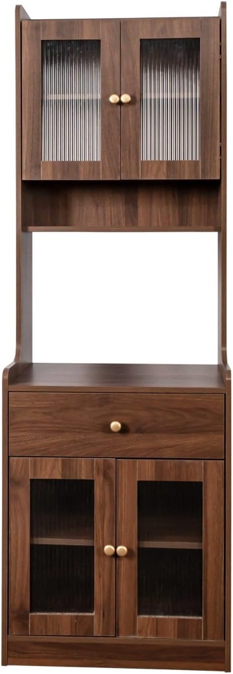 Tall Kitchen Pantry Hutch Cabinet with Glass Doors, 71" Wooden Storage Cabinet with Drawer and Shelves, Walnut Buffet Sideboard for Dining Room & Kitchen Organization
