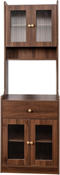 Tall Kitchen Pantry Hutch Cabinet with Glass Doors, 71" Wooden Storage Cabinet with Drawer and Shelves, Walnut Buffet Sideboard for Dining Room & Kitchen Organization