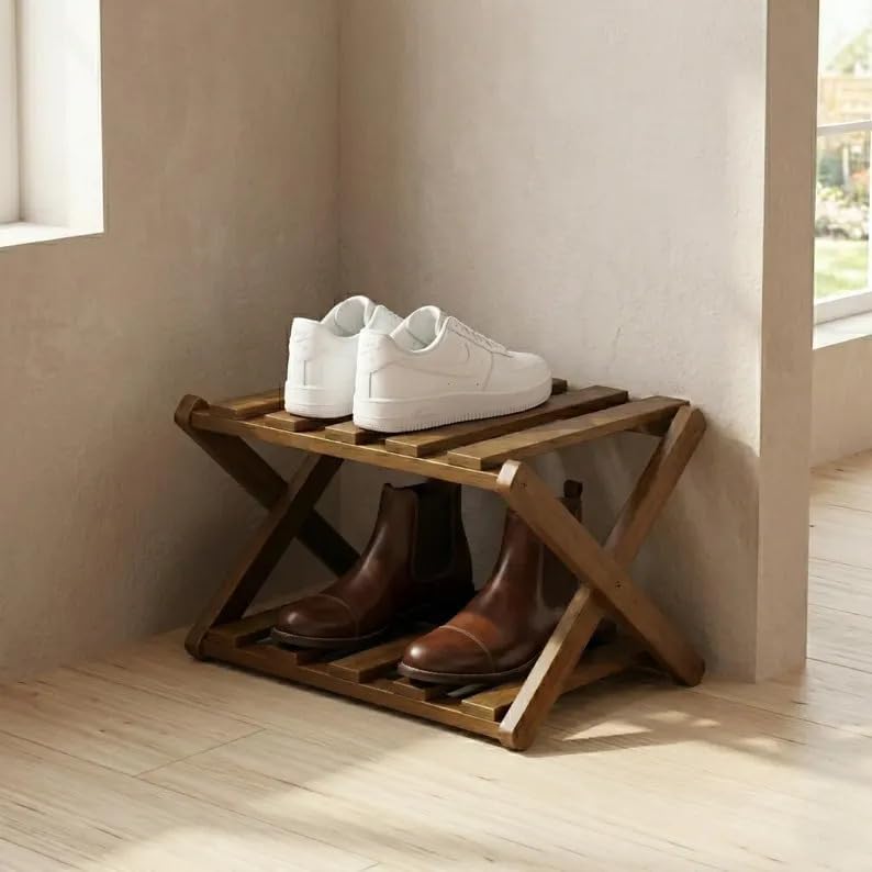 Folding Wooden Shoe Rack, 2-Tier Stackable Shoe Organizer, Natural Wood Shoe Shelf for Entryway, No Assembly Required, Space Saving Footwear Storage Stand for Closet, Bedroom, Living Room