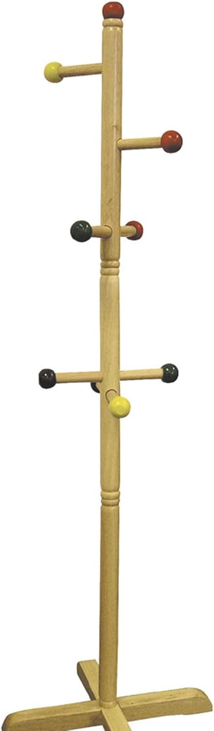 49.5" Tall Wooden Standing Coat Rack, Natural, 8 Colored Pegs