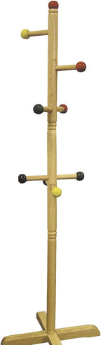 49.5" Tall Wooden Standing Coat Rack, Natural, 8 Colored Pegs