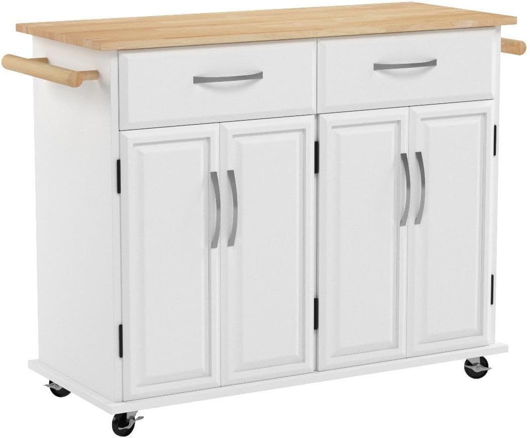 BELLEZE Rolling Kitchen Island Cart on Wheels with Storage Cabinet, Mobile Kitchen Cart Island Table with 2 Drawers Towel Racks Rubber Wood Top Coffee Bar for Dinning Room, 41.7”Lx18.5”Wx37”H, White