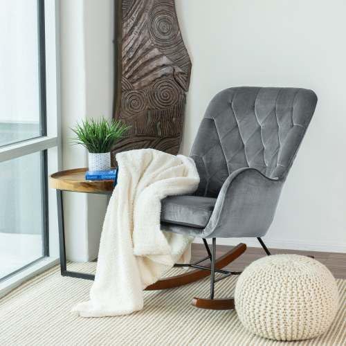 Rocking Chair, Mid Century Modern Upholstered Accent Glider with Plush Cushion for Nursery Living, Dark Grey