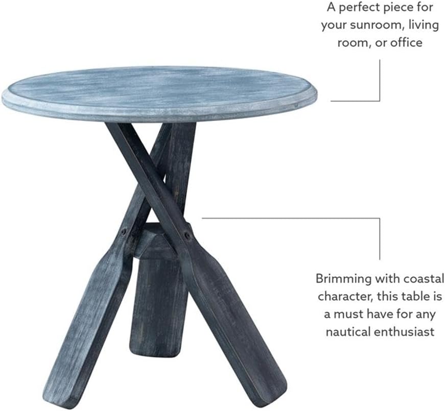 MAKLAINE Distressed Wood Coastal Side Table, Canoe Paddle Tripod Base, Beveled Gray Finish, 22 in Round Rubberwood Top, Nautical Style Accent Table for Living Room, Lake or Beach Home Decor