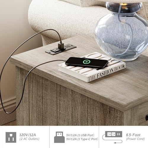 WAMPAT 2 Pack End Tables with Charging Station, Farmhouse Side Table with Drawer & Storage Cabinet, Gray Nightstands with Power Outlets & USB Ports for Living Room, Bedroom