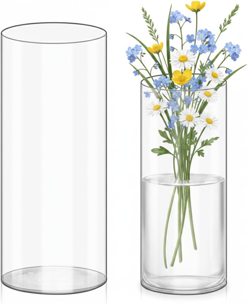 Olrla 2 Pack Transparent Acrylic Flower Vase, Height 7.87'' and 9.8'' Shatter Proof Plastic Cylinder Vase for Flower Arrangement, Wedding Centerpieces, DIY