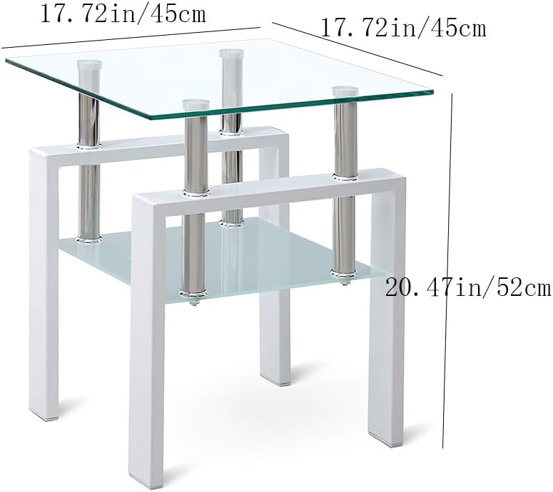 1PC Glass End Table - Modern Two Tiered Clear Nightstand Side Tables, Square Tempered Glass Table with White Metal Frame for Living Room or Bedroom 17.72" x 17.72" x 20.47"H