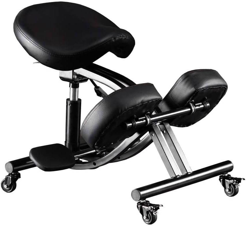 Kneeling Chair with Wheels, Ergonomic Balance Chair for Home and Office，Adjustable Saddle Chair to Improve Your Posture,Comfortable Knees and Footrest,Black,SSS-1459-M