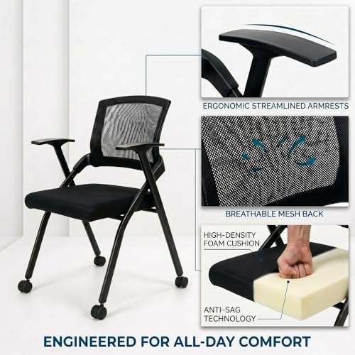 8 Pack Folding Office Chair with Wheels, Heavy Duty Mesh Back Nesting Conference Meeting Chair with Arms, Rolling Space-Saving Seating for Training Room, Home Office, Guest Reception & Waiting Area