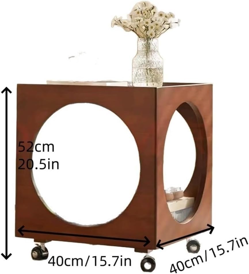 Vintage Rolling Side Table with Glass Top Wood Square Coffee Table on Wheels Mobile End Table for Living Room Sofa Corner Home Furnishing(Black)
