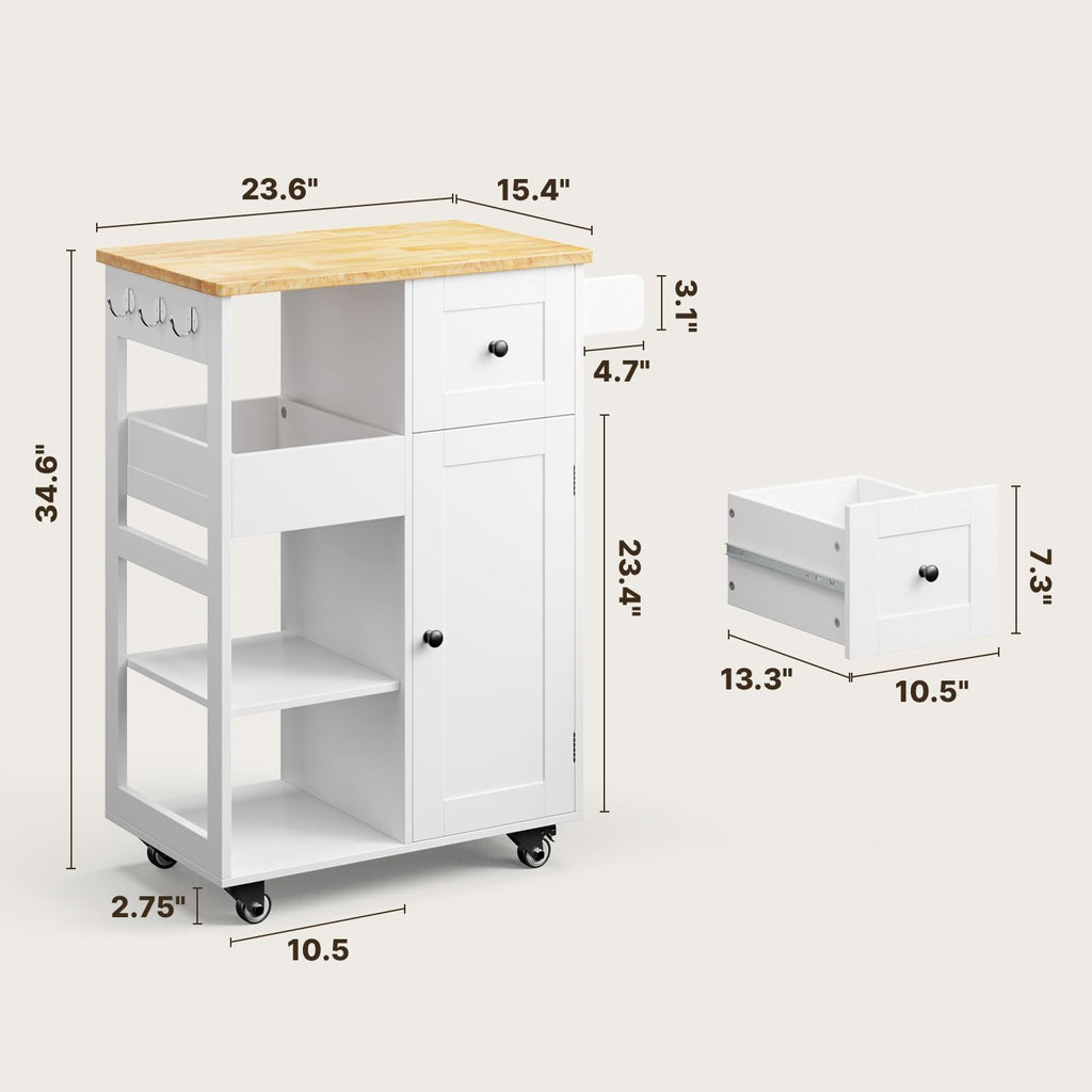 Gizoon Kitchen Island Cart on Wheels, Rolling Serving Utility Cart with Drawers and Doors, Bar Cart with Adjustable Shelf and Removable Tray for Dining Room, White, Tabletop-Oak Color