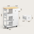 Gizoon Kitchen Island Cart on Wheels, Rolling Serving Utility Cart with Drawers and Doors, Bar Cart with Adjustable Shelf and Removable Tray for Dining Room, White, Tabletop-Oak Color