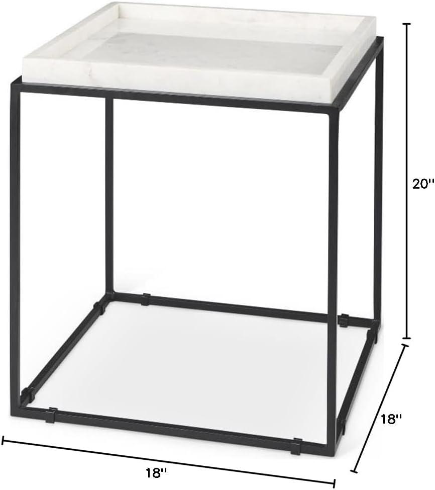 Pemberly Row Square White Marble and Black Metal End Table, 18 in x 18 in x 20 in, Raised Edges, Matte Black Base, Elegant Side Table for Living Room or Bedroom Decor