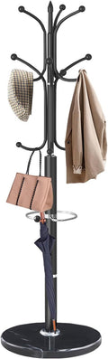 Modern Coat Rack Stand, Metal Freestanding Coat Rack with Natural Marble Base, Heavy-Duty Coat Racks with Umbrella Holder,Black Coat Hanger Stand with 12 Hooks for Office, Entryway, Hallway