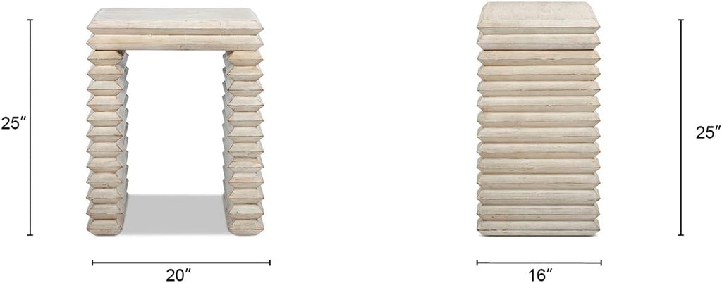 Jennifer Taylor Home Veda 20" Reclaimed Wood Stacked Geometric Waterfall Side Table, Whitewashed Natural Reclaimed Pine Wood