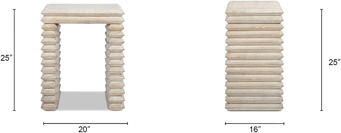 Jennifer Taylor Home Veda 20" Reclaimed Wood Stacked Geometric Waterfall Side Table, Whitewashed Natural Reclaimed Pine Wood