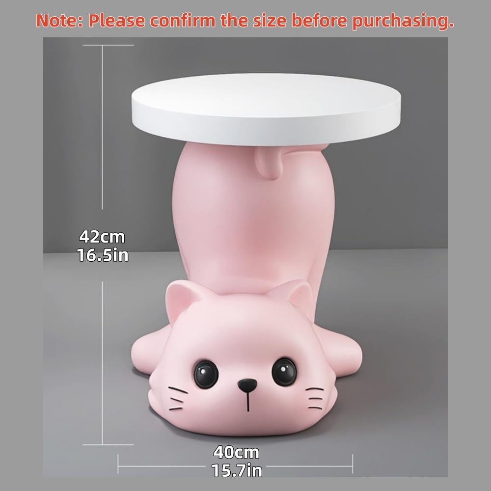 Creative Resin Cat Side Table with Tray, Multifunctional Accent Table for Small Spaces, Cartoon End Tables for Living Room, Bedroom or Entryway(Beige)