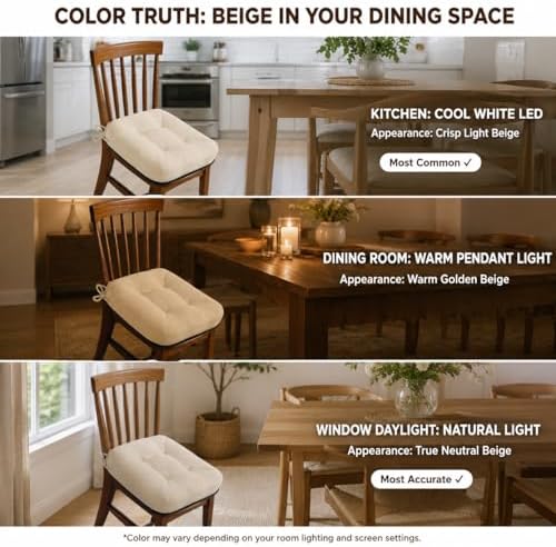 Codi Dining Chair Cushions 4 Pack, Thick Chairs Pads for Indoor Kitchen Room - Washable, Non-Slip Memory Foam Seat Cushion with Ties, 16.5"x16.5"x 3.5", Set of 4, Beige New