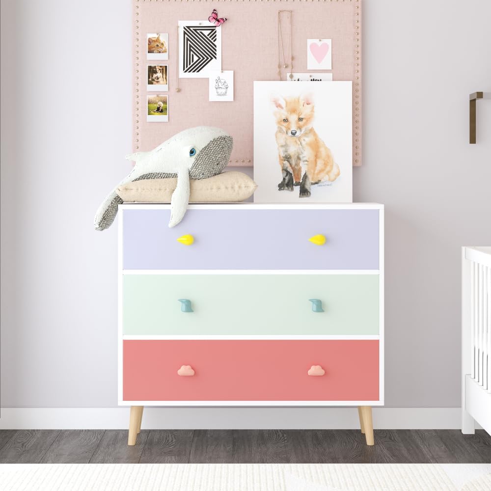 Modern Nightstand with 3 Drawer, Wooden Bedside Table for Kids Room, Toddler Childs Storage Cabinet with Euro Glides, Safety Anti-Tip Design, Easy Assembly, Colorful Finish, 2026 Upgrade (Colorful)