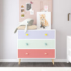 Modern Nightstand with 3 Drawer, Wooden Bedside Table for Kids Room, Toddler Childs Storage Cabinet with Euro Glides, Safety Anti-Tip Design, Easy Assembly, Colorful Finish, 2026 Upgrade (Colorful)