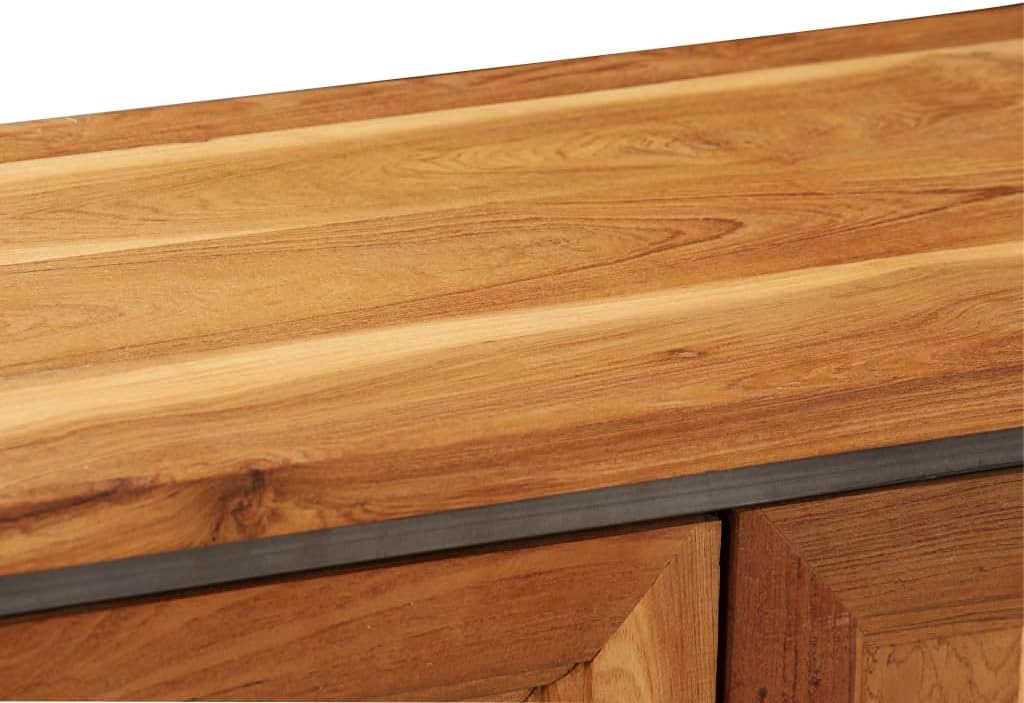 Brown and Grey Recycled Teak and Steel Medium Sideboard with Unique Wood Grain and Sturdy Construction for Living Dining Room Storage