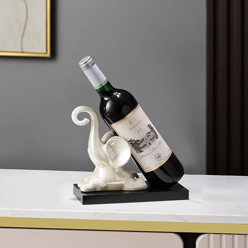 ELEGANTZ Modern Wine Bottle Holder – Decorative Elephant Design with Chrome Finish – Single Bottle Display Stand for Countertop, Bar, or Dining Table – Elegant Wine Rack with Black Base