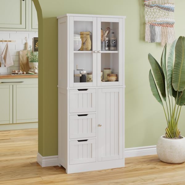 White Kitchen Pantry, Farmhouse Pantry Storage Farmhouse Storage Cabinet with Doors, Organizer, Wood Cupboard for Kitchen, Dining Room, Bathroom