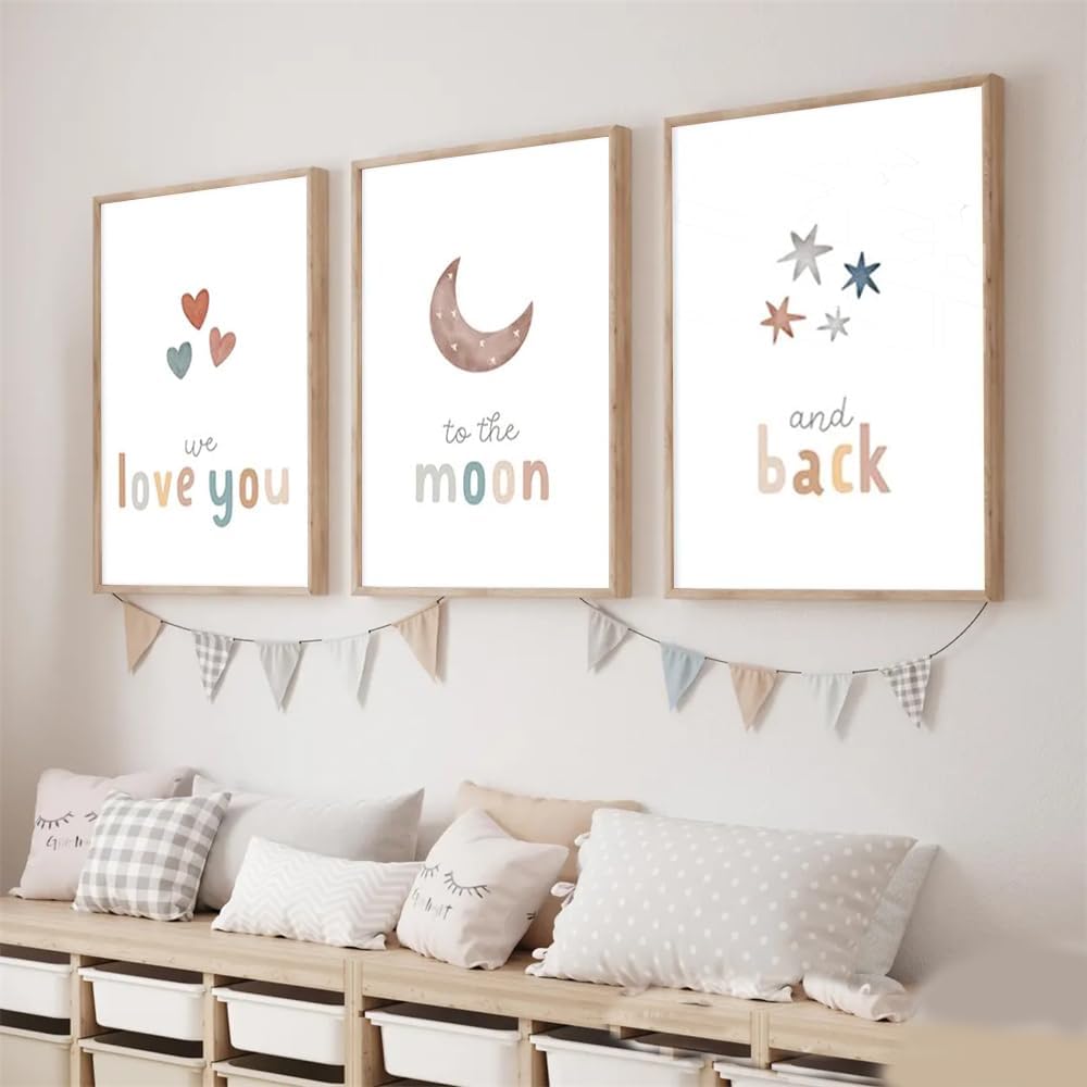 3 Pieces We Love You To The Moon And Back Poster Prints Wall Art Canvas Painting Framed Artwork for Living Room Above Crib Nursery Decoration with Inner Frame