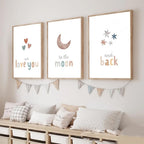 3 Pieces We Love You To The Moon And Back Poster Prints Wall Art Canvas Painting Framed Artwork for Living Room Above Crib Nursery Decoration with Inner Frame