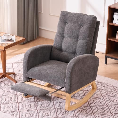Rocking Chair Nursery with Footrest, High Back Rubber Wood Rocker for Adult Living Space, Gliding Armchair with Side Storage Pocket, Grey