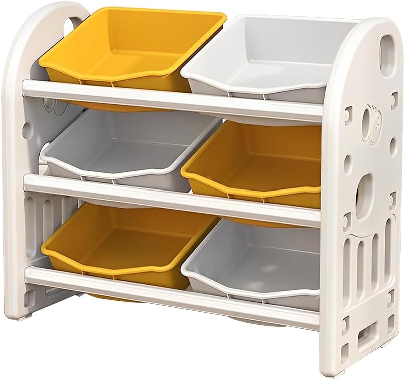 Toy Storage Organizer with 6 Bins, Multi Functional Nursery Organizer Furniture Set Toy Storage Cabinet Unit with HDPE Shelf and Bins for Playroom, Bedroom, Living Room (Yellow White Color)
