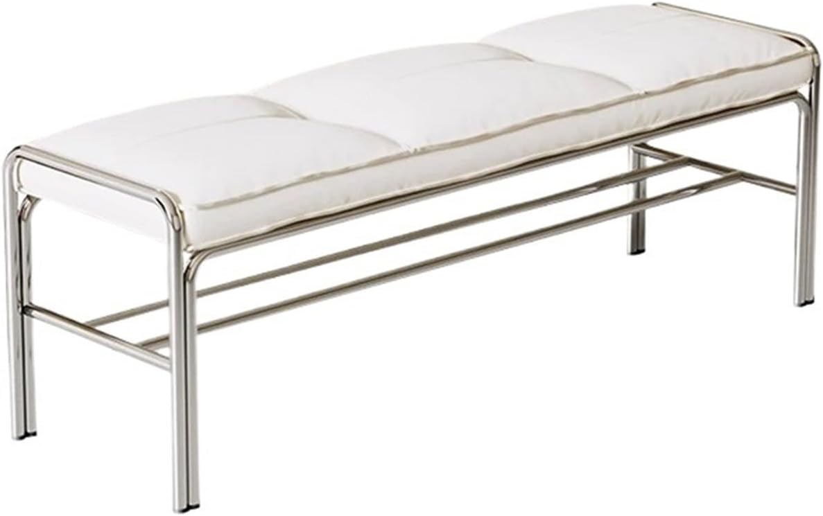 Modern Stainless Steel Long Bench with White Leather Cushion Home-use Soft-Padded Shoe Changing Stool Entryway(Medium)