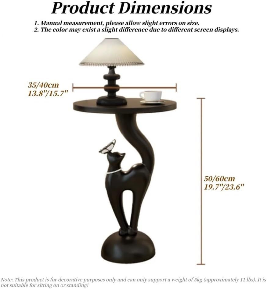Elegant Resin Cat Sculpture Side Table with Tray, Modern Creative Bedside Table, Art Accent Tables for Living Room Bedroom Apartment Office Small Spaces Funky Furniture for Home Decor(Black,Large)