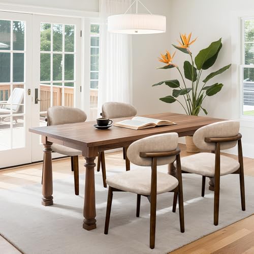 Farmhouse Dining Chairs Set of 4, Mid Century Modern Wooden Dining Room Chairs, Farmhouse Fabric Upholstered Kitchen Dinner Chairs for Living Room Restaurant Cafe, Walnut/Light Camel