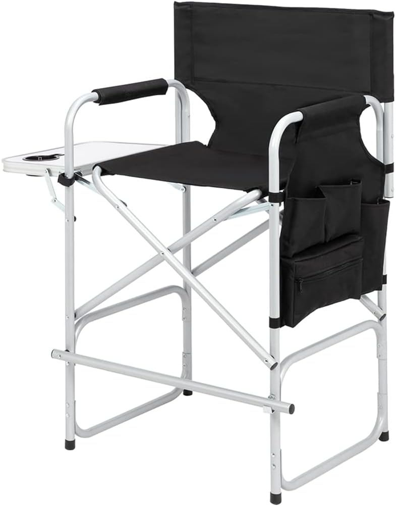 Tall Directors Chair, Portable Makeup Artist Chair with Side Table, Cup Holder, Storage Bag and Footrest, 41'' Seat Height Folding Camping Chairs for Tailgating Camp Lawn Picnic Fishing Beach