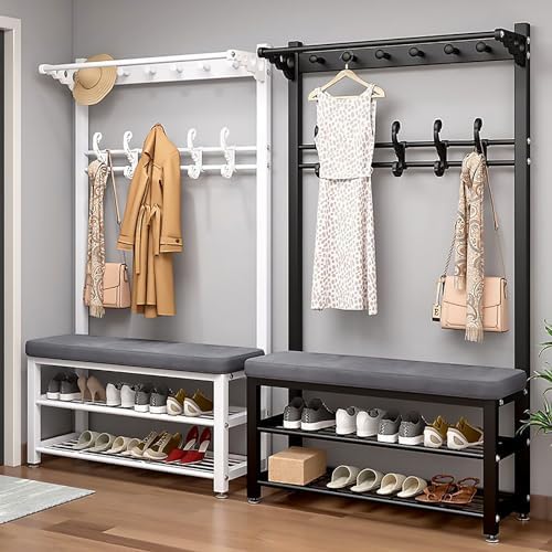 Coat Rack Hall Tree with Shoe Bench for Entryway, Metal Coat Stand with Hooks Clothes Hat Rack Shelf Metal Frame for Bedroom Living Room Hallway,White-24in