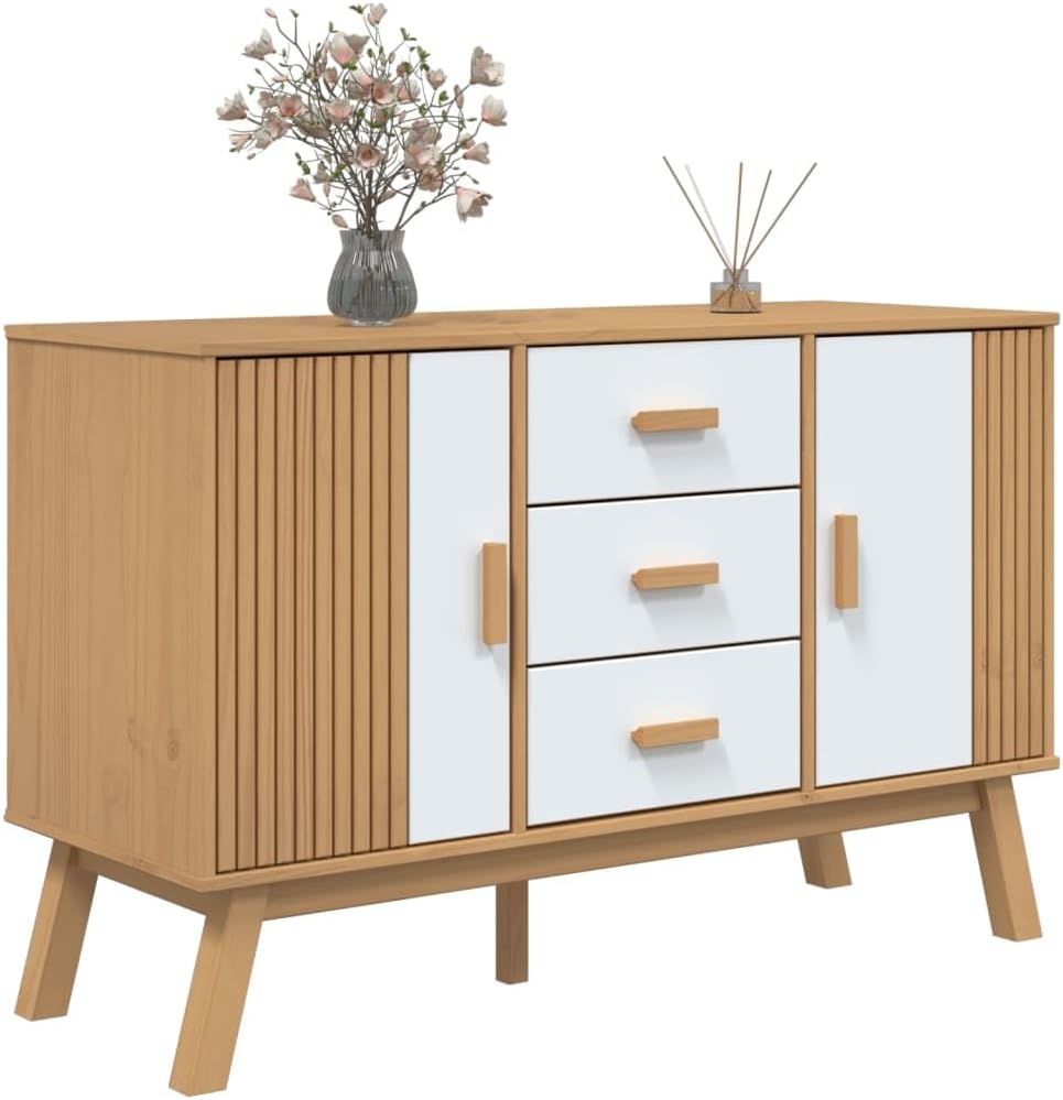 White and Brown Solid Pine Wood Sideboard with Multiple Drawers and Doors for Dining Room Living Room Hallway Storage Modern Scandinavian Design