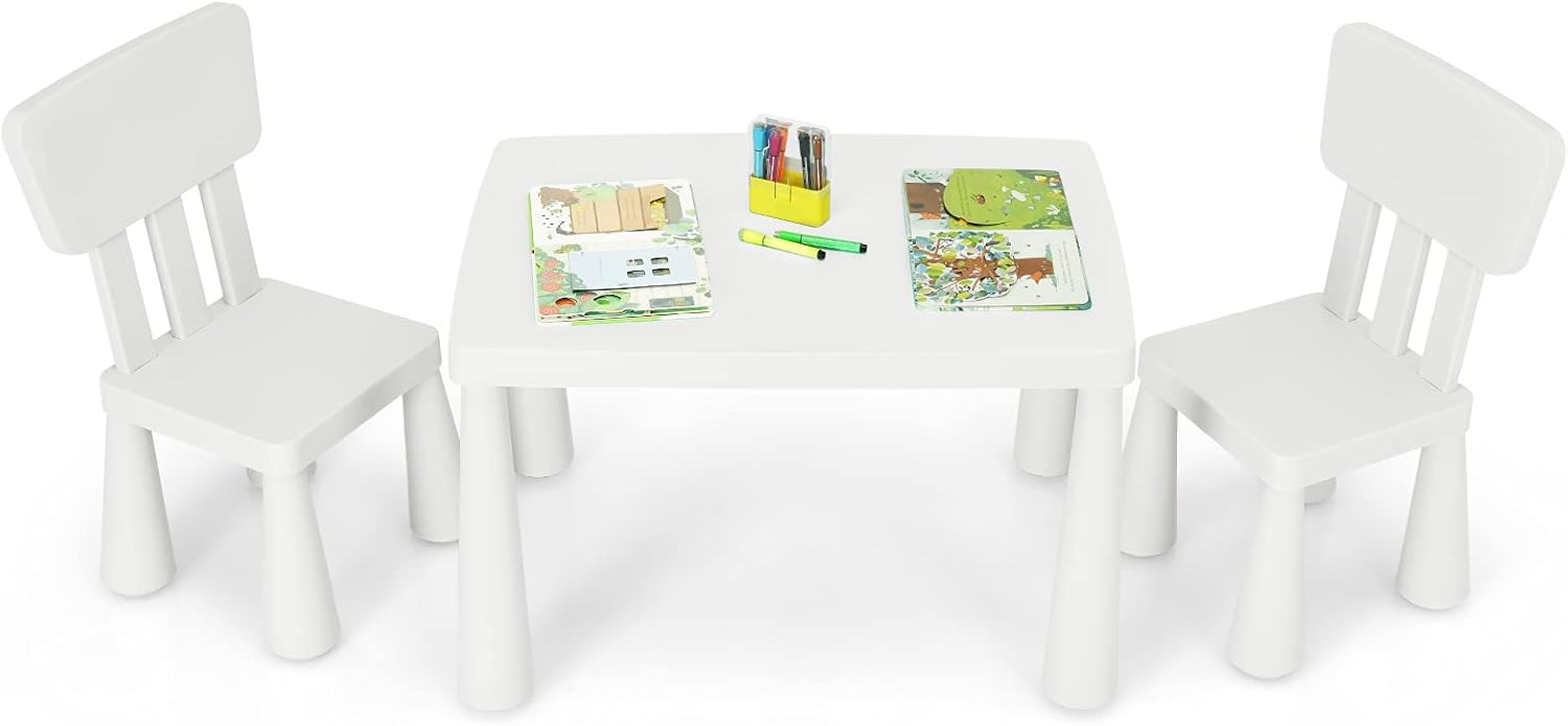 Costzon Kids Table and Chairs, 3 Piece Plastic Easy Clean Children Activity Desk for Reading, Drawing, Snack Time, Arts Crafts, Preschool, Kindergarten & Playroom, Toddler Table and Chair Set (White)