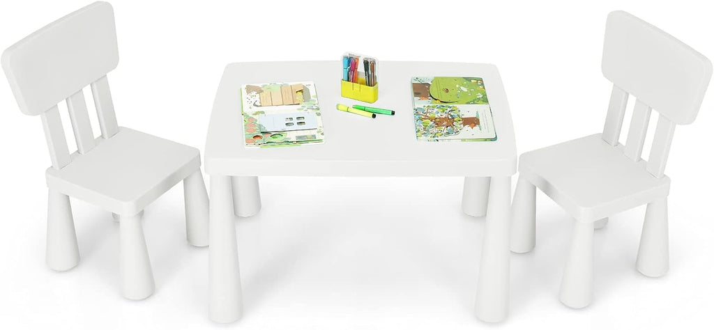 Costzon Kids Table and Chairs, 3 Piece Plastic Easy Clean Children Activity Desk for Reading, Drawing, Snack Time, Arts Crafts, Preschool, Kindergarten & Playroom, Toddler Table and Chair Set (White)