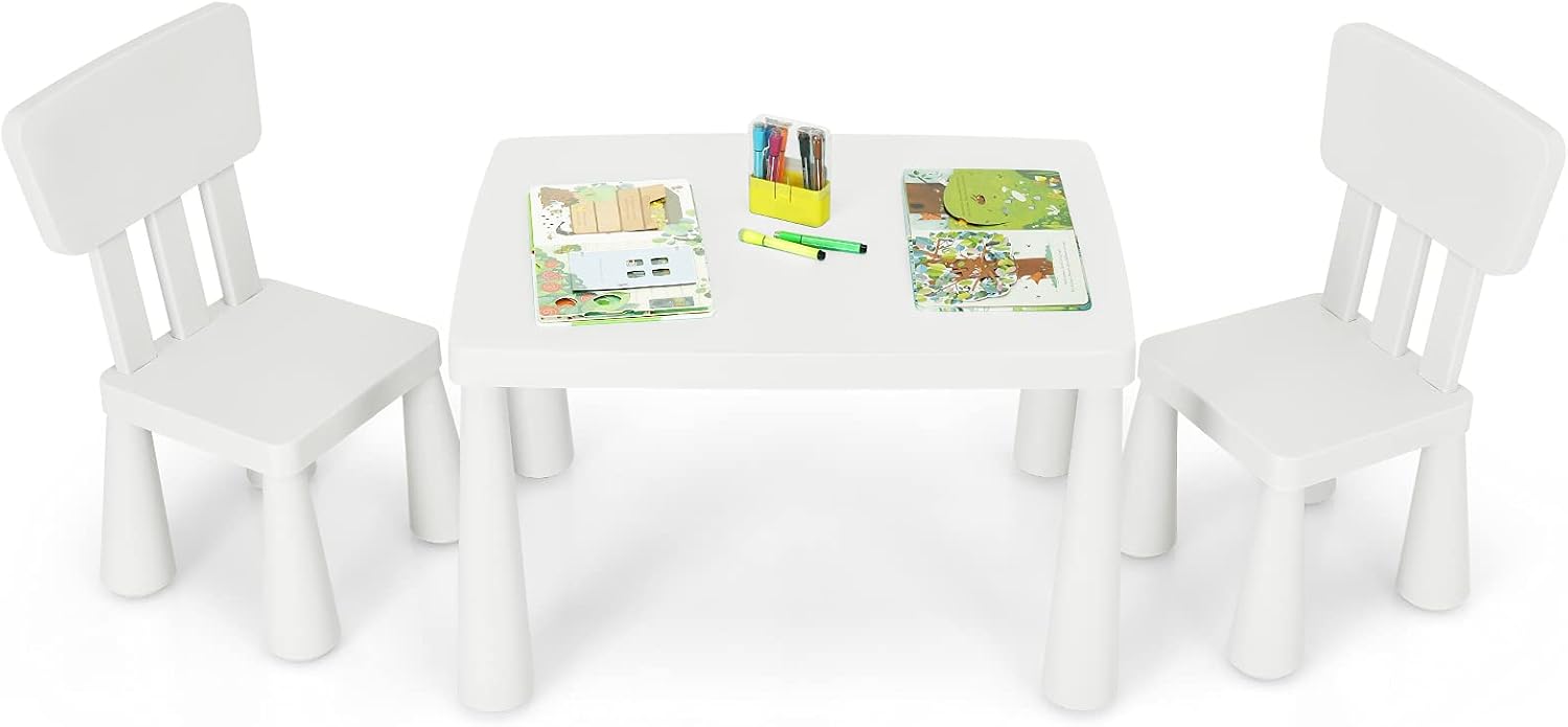 Costzon Kids Table and Chairs, 3 Piece Plastic Easy Clean Children Activity Desk for Reading, Drawing, Snack Time, Arts Crafts, Preschool, Kindergarten & Playroom, Toddler Table and Chair Set (White)