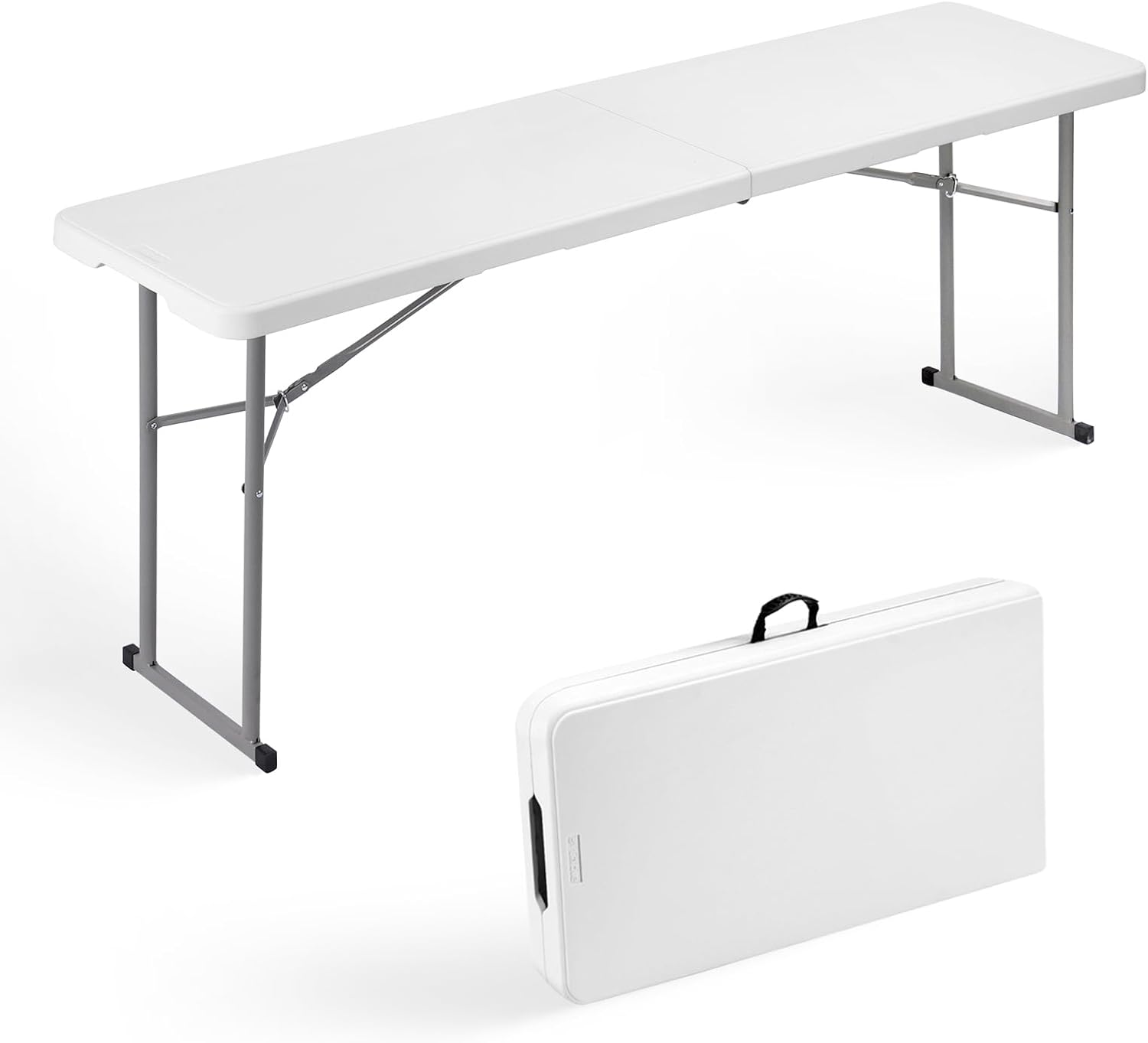 Byliable Folding Table 6FT Narrow Portable Foldable Plastic Heavy Duty Long Table, Fold-in-Half with Carrying Handle for Indoor Outdoor Meeting, Buffet, Party, Wedding, Home Work, 6 Foot, White