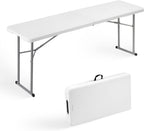 Byliable Folding Table 6FT Narrow Portable Foldable Plastic Heavy Duty Long Table, Fold-in-Half with Carrying Handle for Indoor Outdoor Meeting, Buffet, Party, Wedding, Home Work, 6 Foot, White