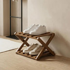 Folding Wooden Shoe Rack, 2-Tier Stackable Shoe Organizer, Natural Wood Shoe Shelf for Entryway, No Assembly Required, Space Saving Footwear Storage Stand for Closet, Bedroom, Living Room