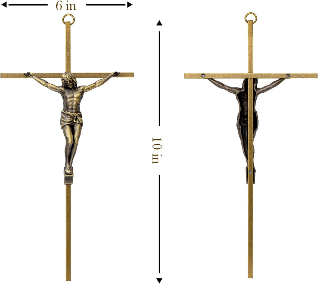 KUXBET Crucifix Wall Cross, Metal Vintage Wall Hanging Cross,10inch Antique Brass Jesus Crucifix Home Décor