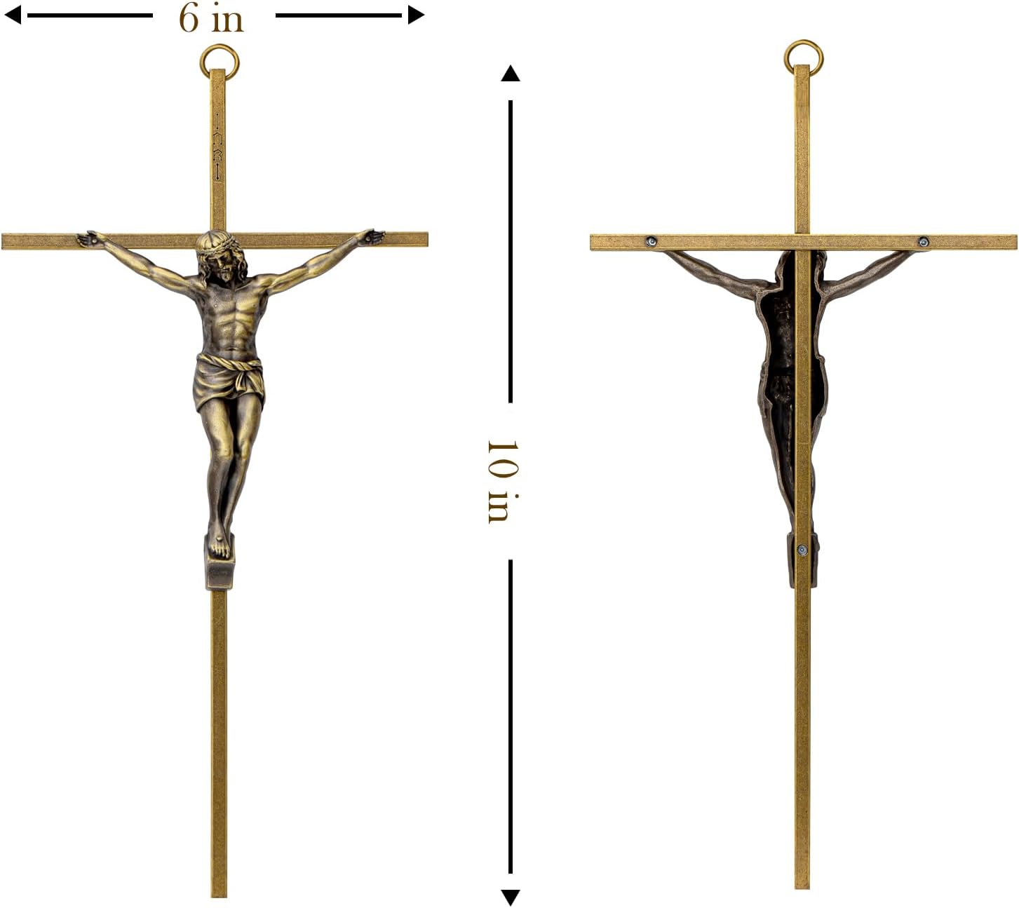 KUXBET Crucifix Wall Cross, Metal Vintage Wall Hanging Cross,10inch Antique Brass Jesus Crucifix Home Décor