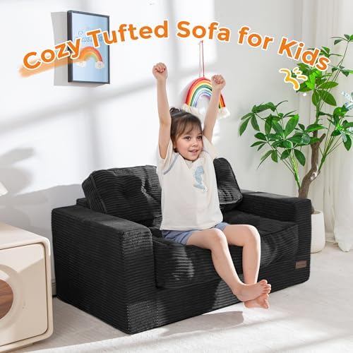 MAXYOYO Kids Bean Bag Chair, Upholstered Bean Bag Sofa Cloud 2-Seat for Boys and Girls, Boneless Couch with Tufted Cushion & Pillows, Kids Sofa in A Box, No Assembly Required, Black