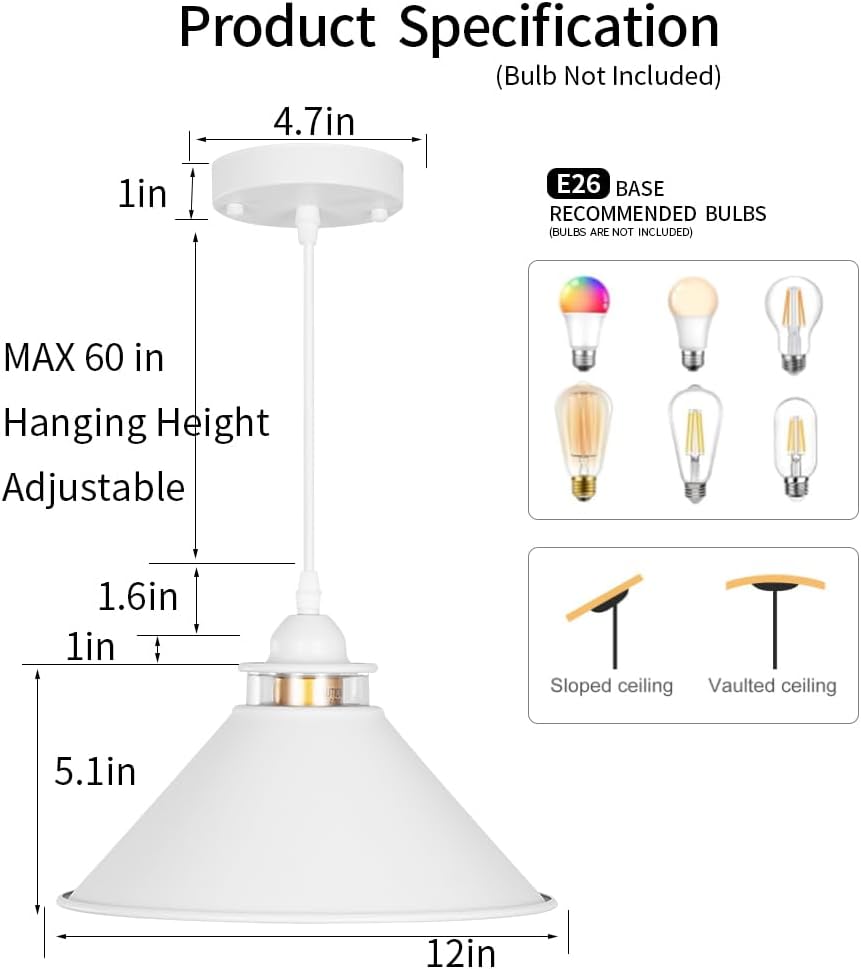 Black Pendant Lights Kitchen Island 2 Pack, Dome Pendant Light Fixtures, Farmhouse Pendant Light, Modern Pendant Lights for Kitchen Island Dining Room Bedroom Study (2, White)
