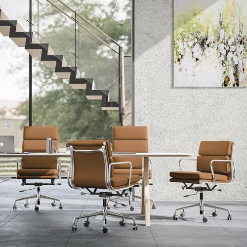 Genuine Leather Office Chair, Padded Executive Desk Chair with Arms, Wheels, Lumbar Support, Aluminum Base (Light Brown, High-Back)