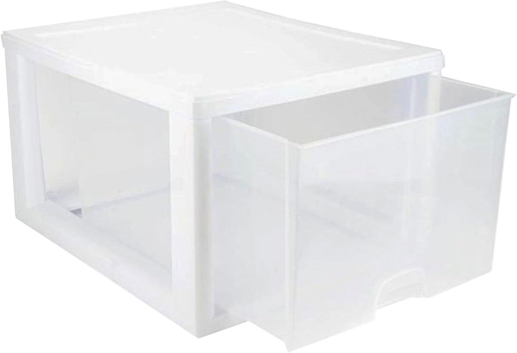 Sterilite 4-Pack Stacking Drawer, Clear Storage Organizer Containers, 27 Quart, White Frame - Stackable and Modular Plastic Drawers for Shoes, Clothes, Accessories, Supplies, Bedding, and Linens
