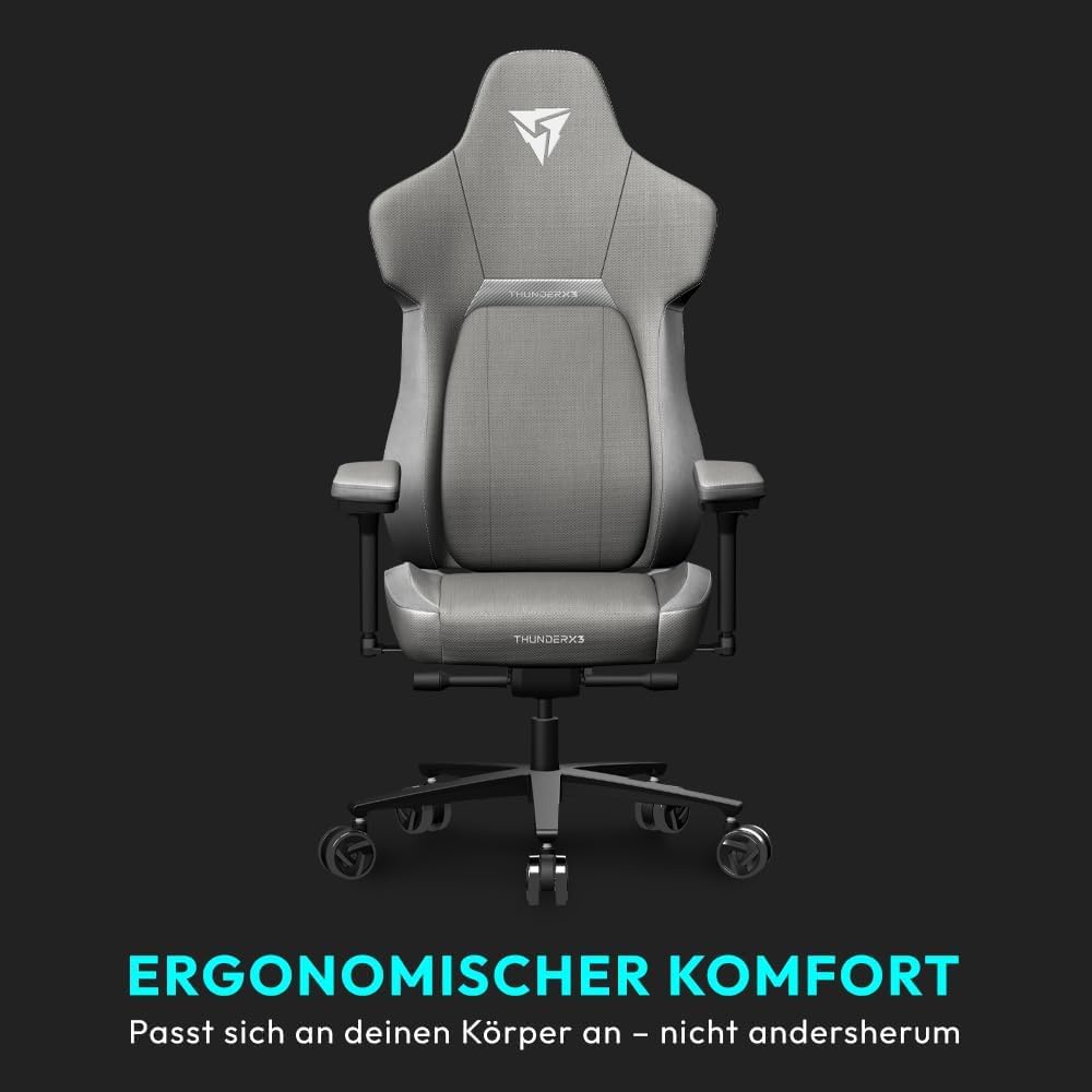 THUNDERX3 CORE Gaming Chair, for Adults Ergonomic Office Chair, High Back Desk Chair, Synchronous Tilt, Forward Tilt, 360° Self-adjusting Lumbar Support, Multipurpose Footrest, Fabric, Loft Light Grey